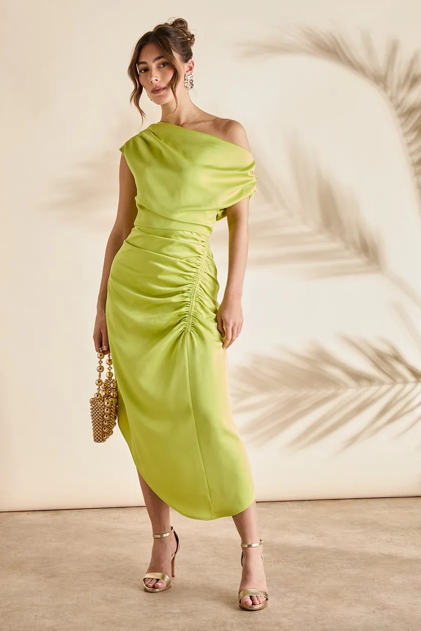 Satin Ruched One Shoulder Asymmetric Hem Midi Dress Olive