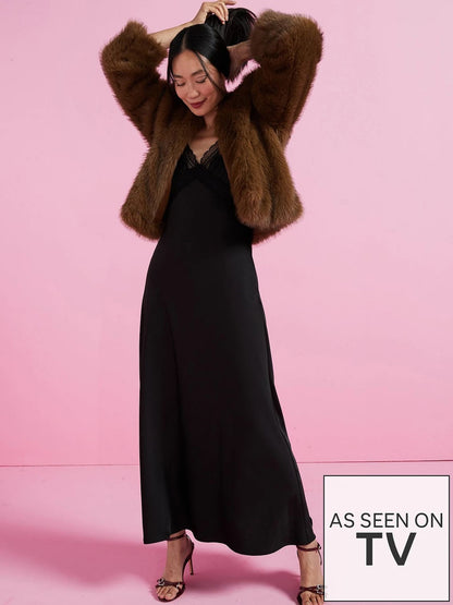 Black Lace Trim Satin Cami Slip Dress