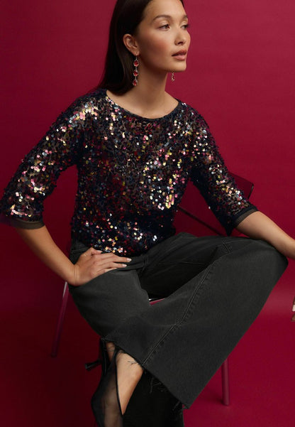 Petite Black/Pink Sequin Quarter Sleeve Mesh Top