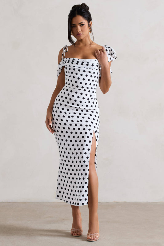 Palermo | White Polka Dot Asymmetric Draped Split Dress