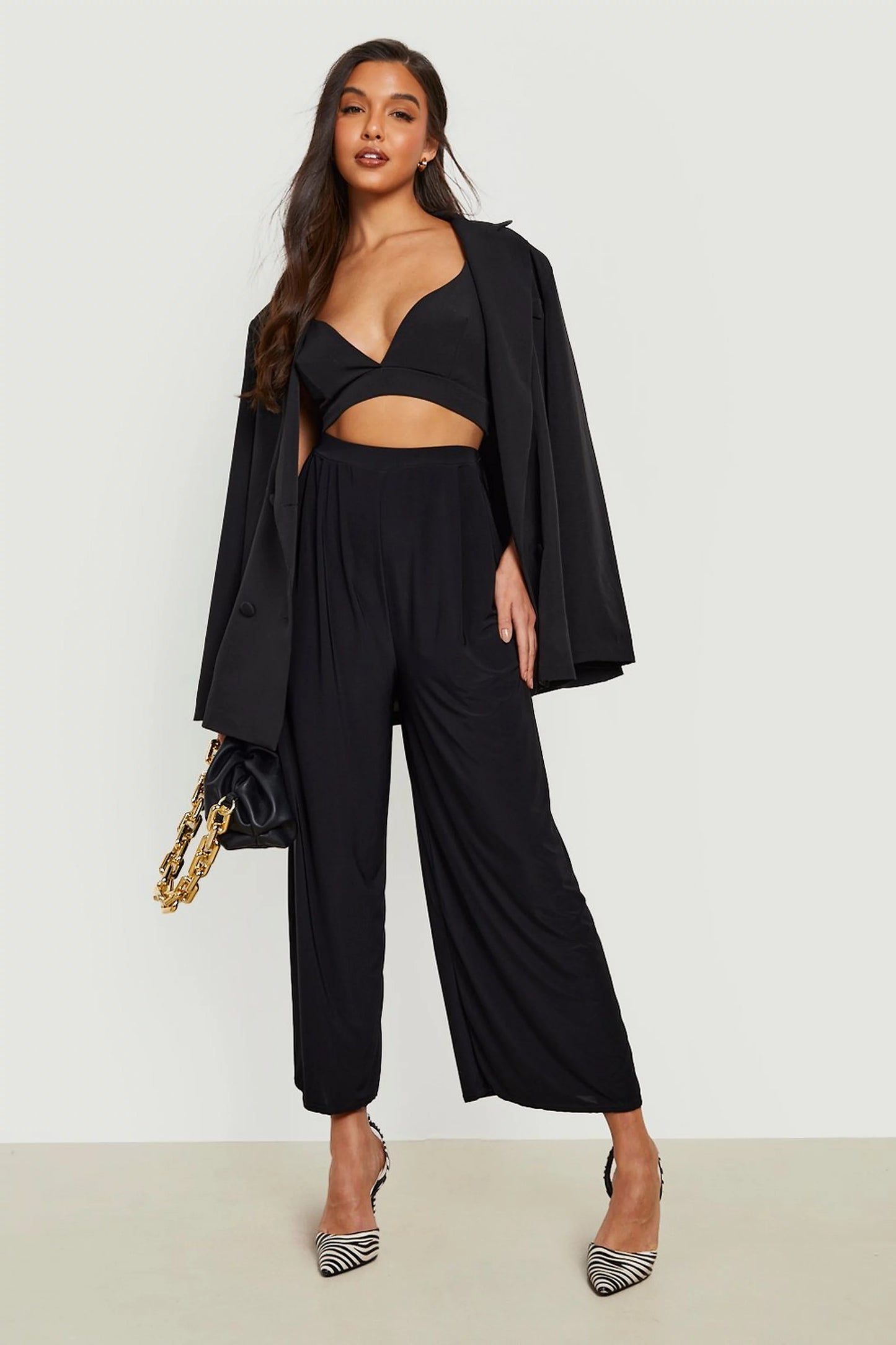 Slinky Pleated Wide Leg Cropped Trousers