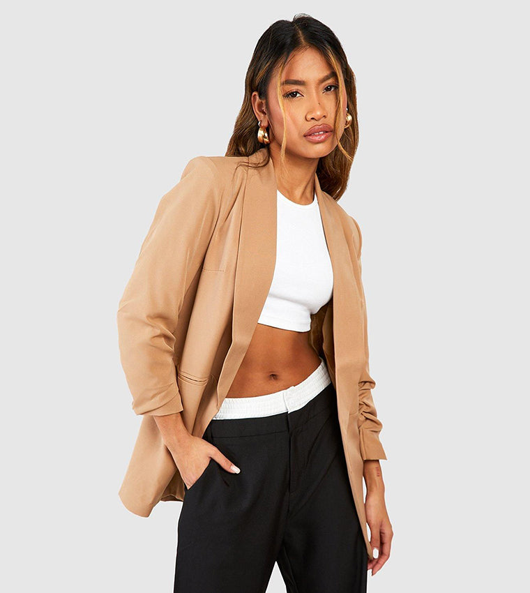 Ruched Sleeve Shawl Collar Blazer