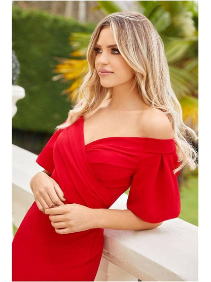 Deena Red Puff Sleeve Midi Dress