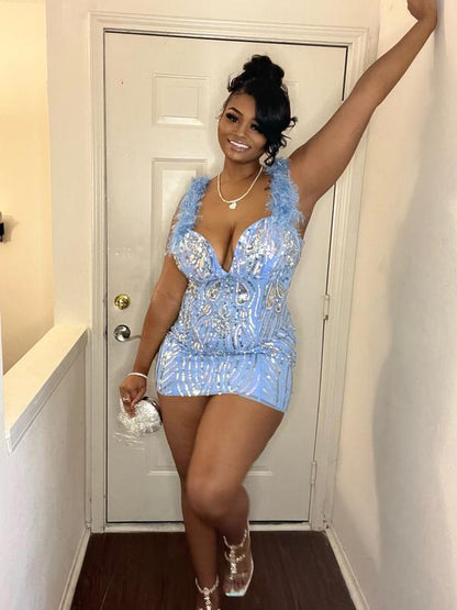 ASOS LUXE Curve Embellished Gemstone Mini Dress with Faux Feathers in Blue