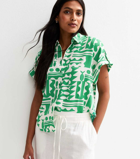 Green Fish Print Short Sleeve Resort Shirt