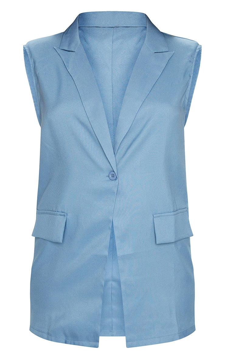 Blue Woven Longline Sleeveless Blazer