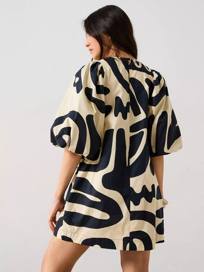 V By Very Abstract Mono Print Puff Sleeve Mini Dress - Dark Print