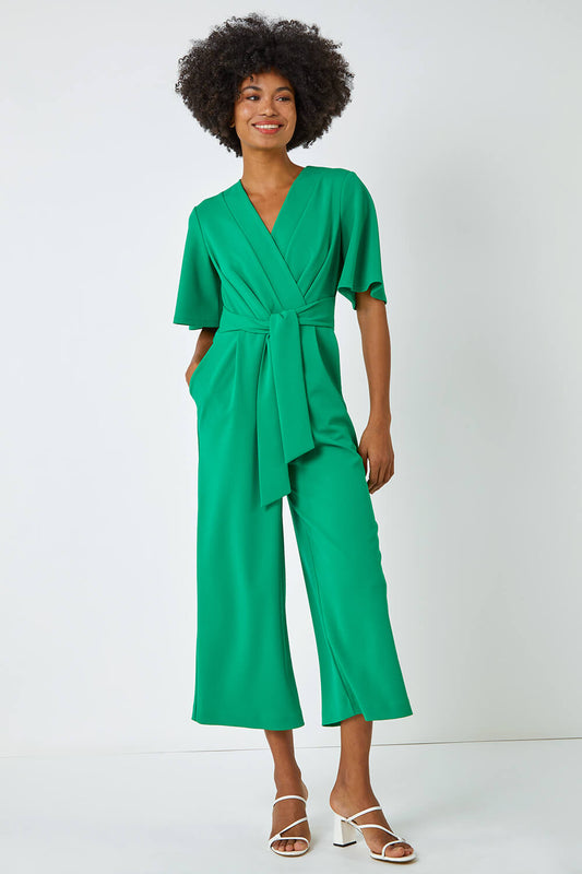 Green Angel Sleeve Cropped Wrap Jumpsuit