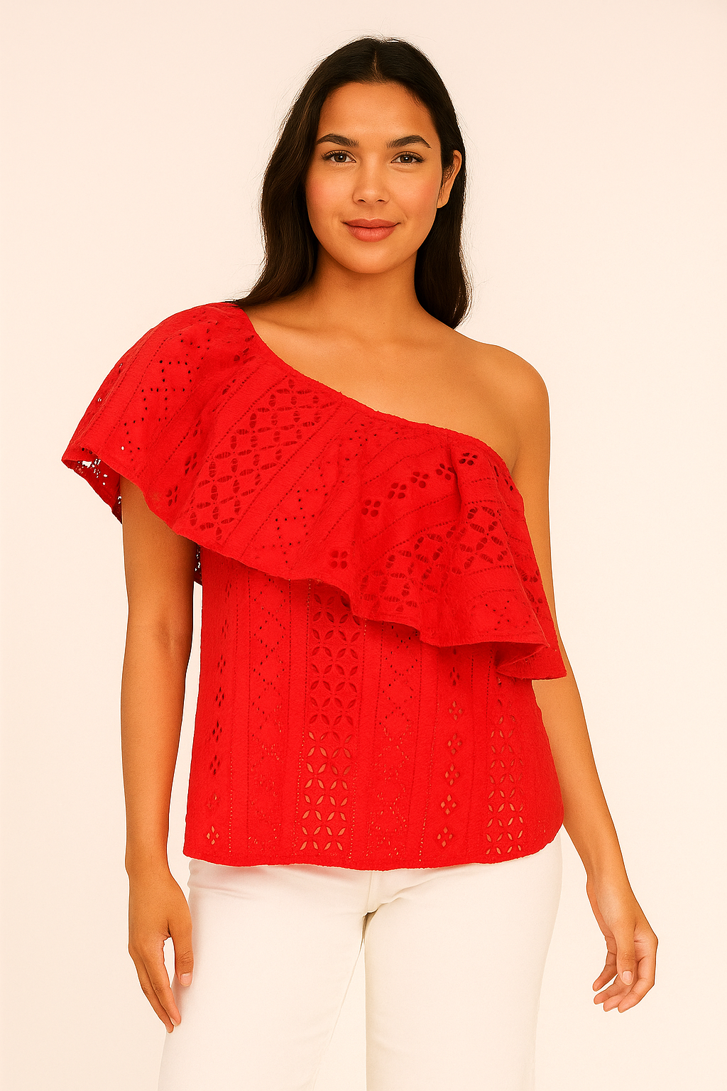 Red One-Shoulder Eyelet Ruffle Top