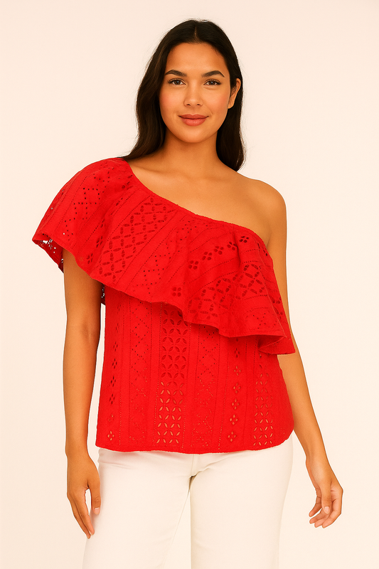 Red One-Shoulder Eyelet Ruffle Top