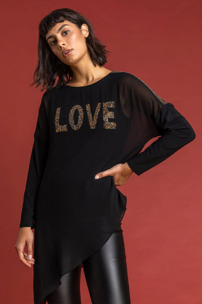 Black Asymmetric Love Embellished Top