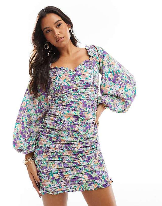Lilac Garden-Floral Long Sleeve Mini Dress