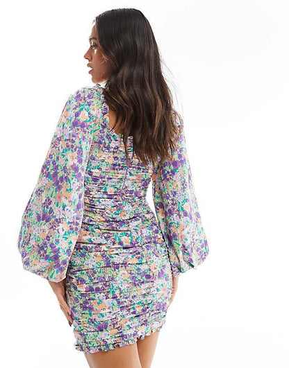 Lilac Garden-Floral Long Sleeve Mini Dress
