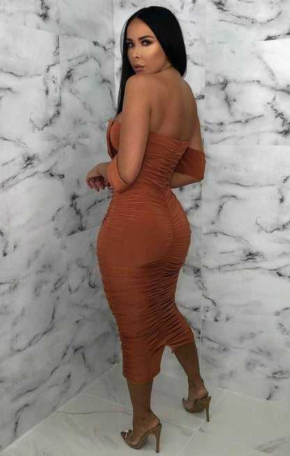 Femme Luxe Off the Shoulder Ruching Bodycon Dress