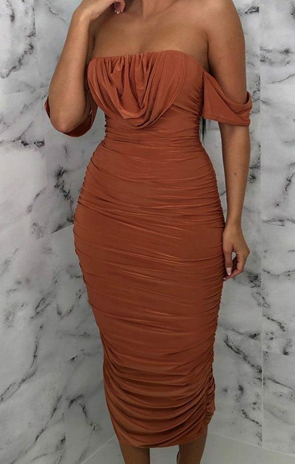 Femme Luxe Off the Shoulder Ruching Bodycon Dress