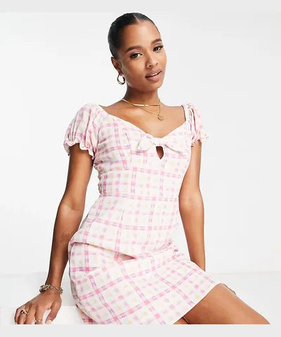 Petite Tie Front Puff Sleeve Mini Dress In Lilac Check-Purple