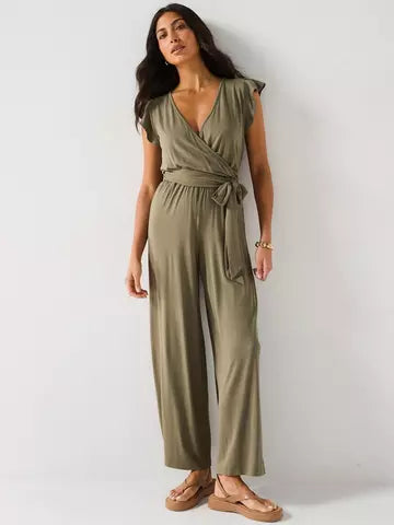 Everyday Wrap Wide Leg Jumpsuit - Khaki