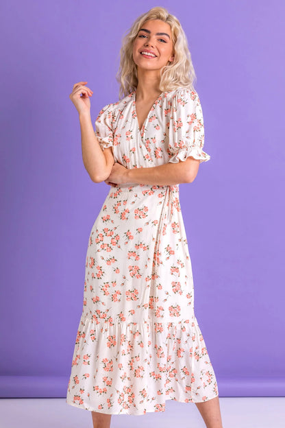 Coral Ditsy Floral Frill Detail Midi Dress