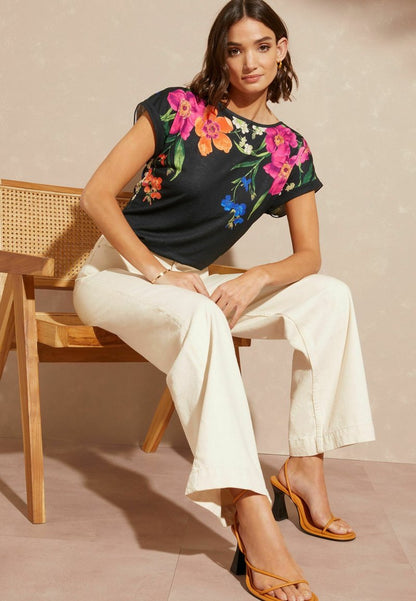 CREW NECK - Print T-shirt - black floral print