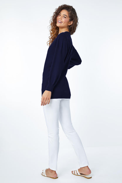 Navy Plain Stretch V-Neck Longline Jumper