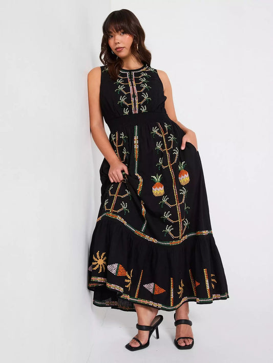 V by Very Curve Embroidered Shirred Waist Sleeveless Midaxi Dress - Black