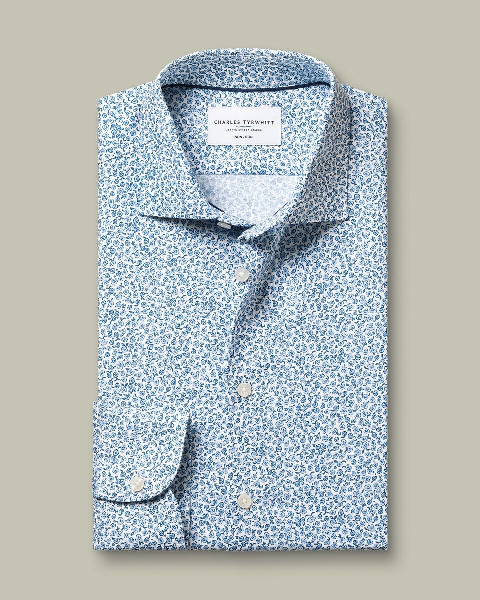 Semi-Cutaway Collar Non-Iron Stretch Floral Print Shirt – White & Sky Blue
