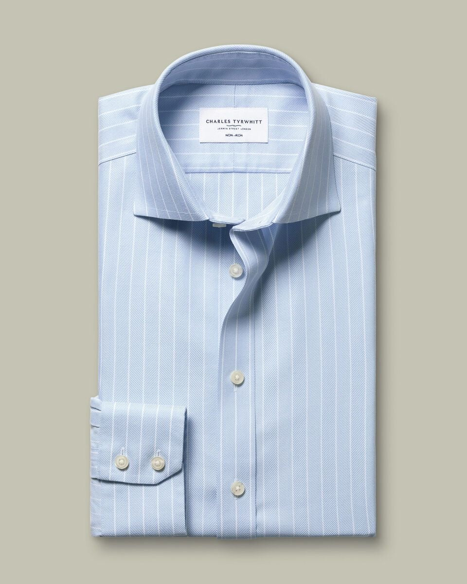 Cutaway Collar Non-Iron Herringbone Stripe Slim Fit Shirt – Light Blue