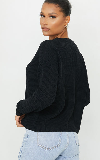 Black Basic Crew Neck Knitted Sweater