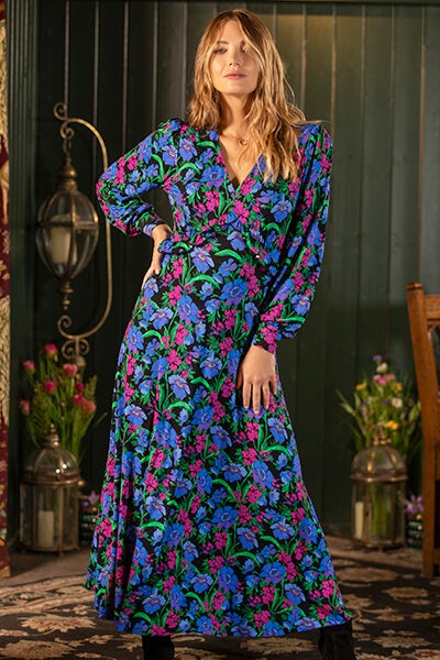 Petite Bright Floral Puff Sleeve Jersey Midi Dress