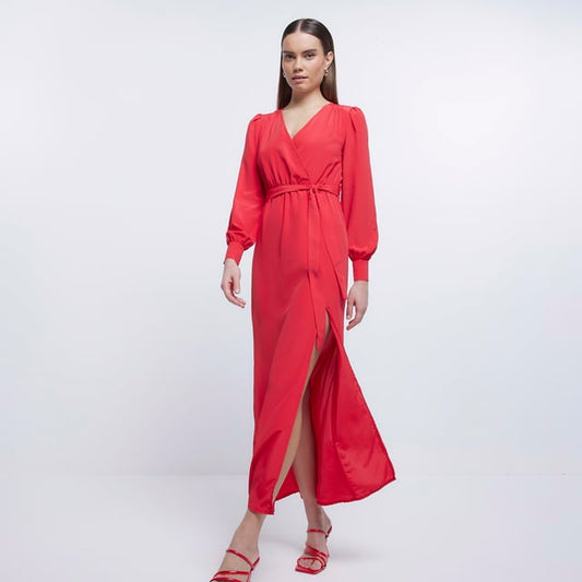 Wrap Dress Red Cara Midaxi Long Sleeve