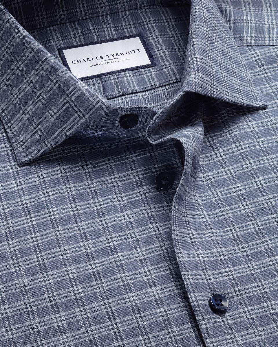 Semi-Cutaway Brushed Cotton Twill Check Slim Fit Shirt - Mid Blue