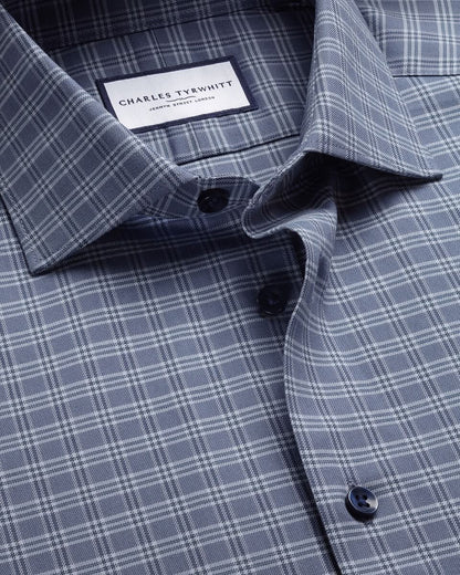 Semi-Cutaway Brushed Cotton Twill Check Slim Fit Shirt - Mid Blue