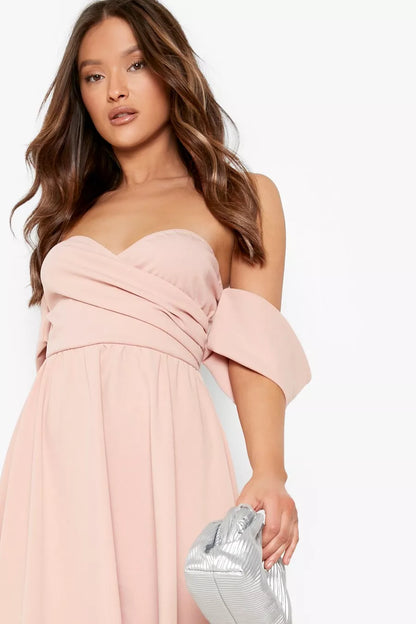 Bardot Pleat Detail Midi Skater Dress Rose