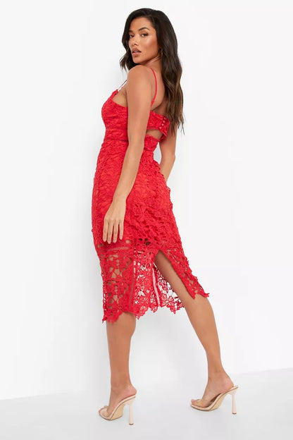 Red Lace Panelled Open Back Midi Dress