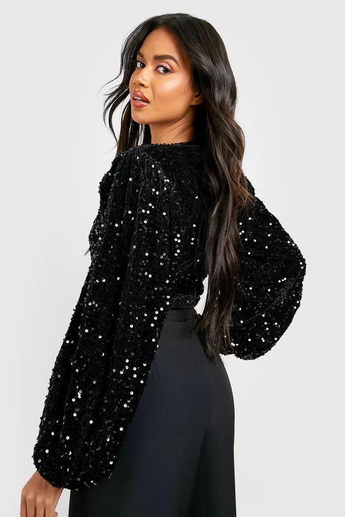 Volume Sleeve Sequin Bodysuit Black