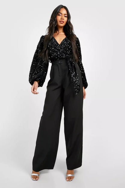 Volume Sleeve Sequin Bodysuit Black