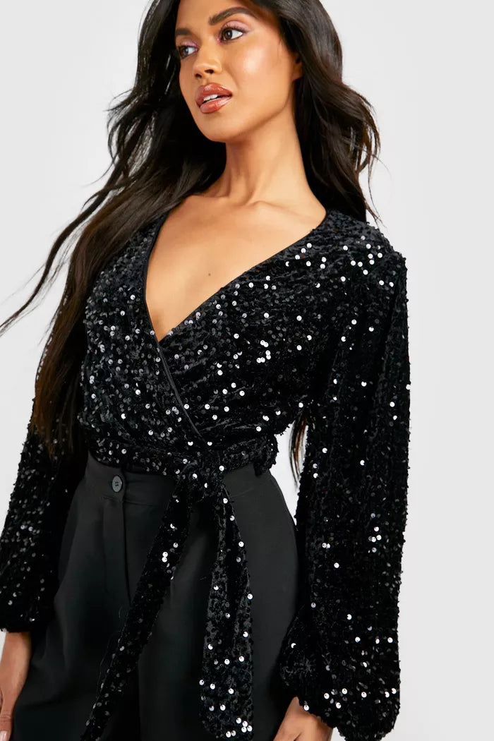 Volume Sleeve Sequin Bodysuit Black