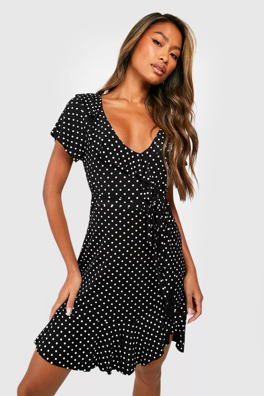 Polka Dot Wrap Front Ruffle Tea Dress