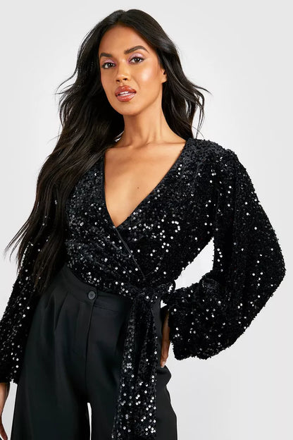 Volume Sleeve Sequin Bodysuit Black