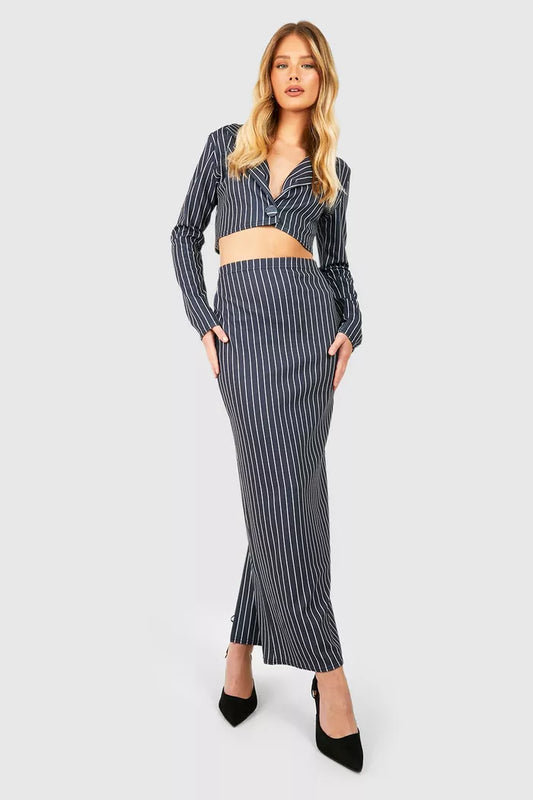 Crepe Pinstripe Boxy Blazer & Split Back Column Maxi