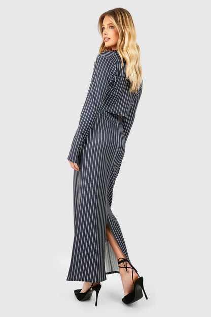 Crepe Pinstripe Boxy Blazer & Split Back Column Maxi