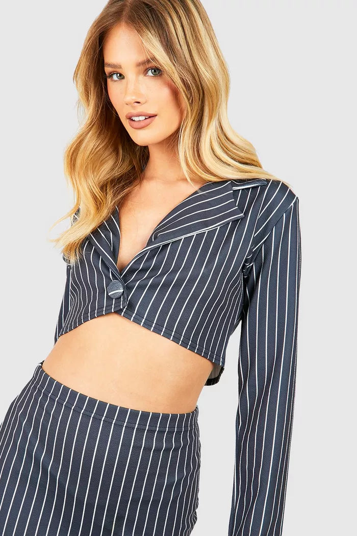 Crepe Pinstripe Boxy Blazer & Split Back Column Maxi