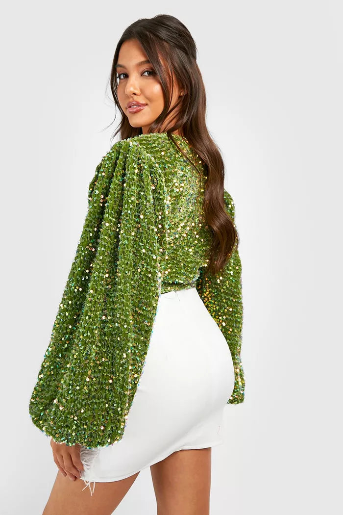 Volume Sleeve Sequin Bodysuit Green