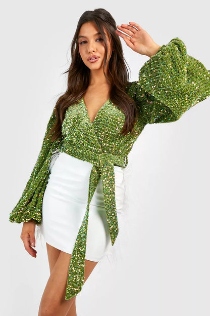 Volume Sleeve Sequin Bodysuit Green