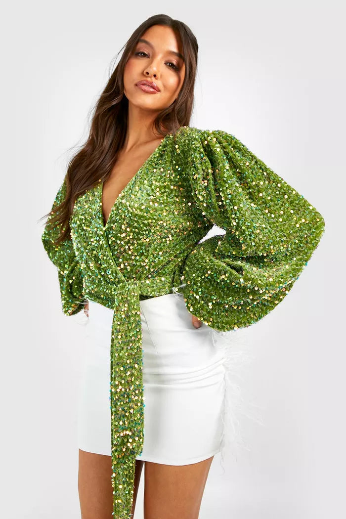 Volume Sleeve Sequin Bodysuit Green