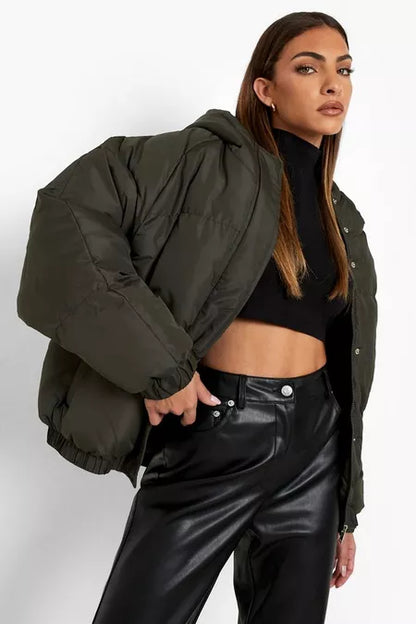 Oversized Raglan Puffer Jacket- Khaki