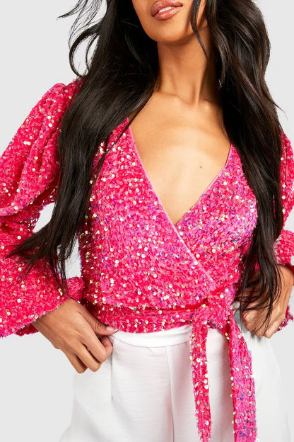 Volume Sleeve Sequin Bodysuit Pink