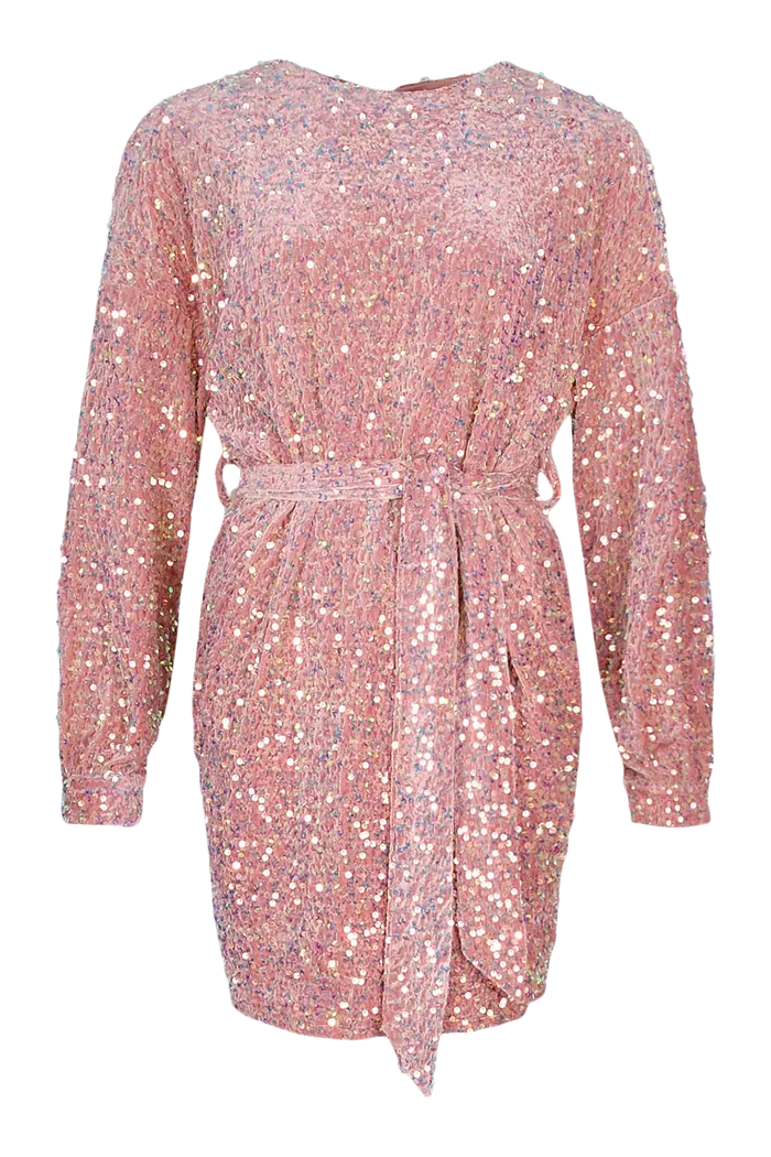 Pink Tall Sequin Velvet Belted Dress