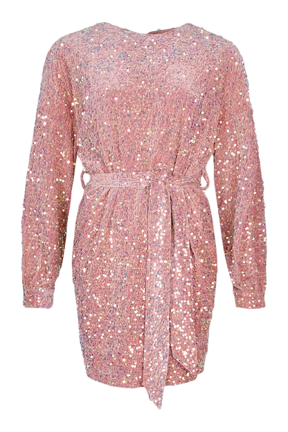 Pink Tall Sequin Velvet Belted Dress