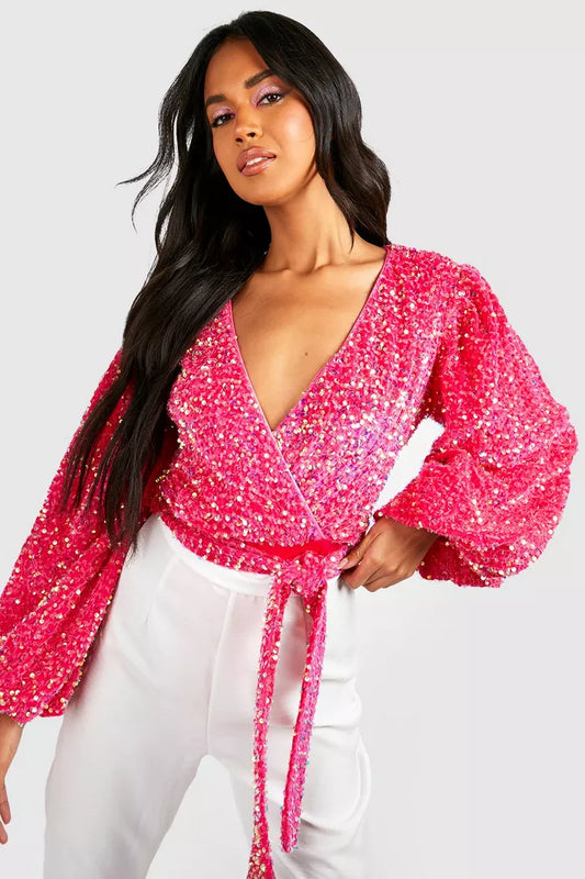 Volume Sleeve Sequin Bodysuit Pink